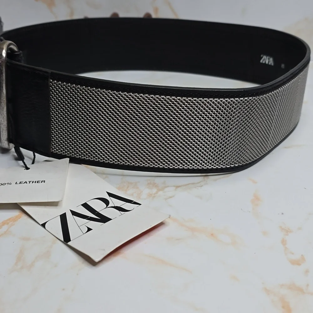 Zara Black Leather Belt With Metal Mesh New With Tags